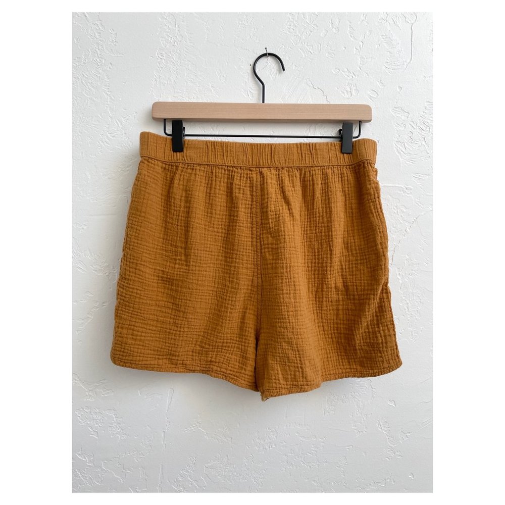 High Waist Crinkled Casual Cotton Shorts, Mustard